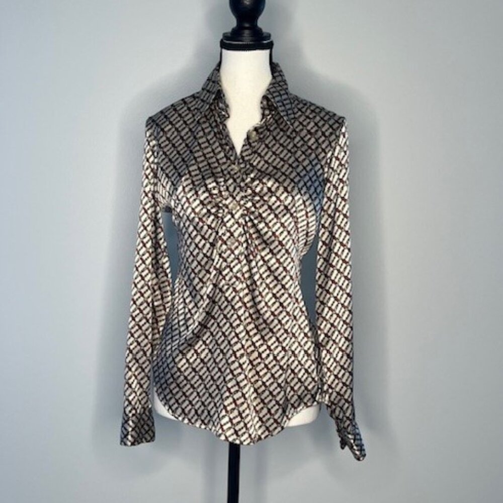 New York & Company Women's Button Down Blouse with Chain-Linked Print, Size XS